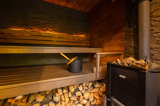 a stove and oven in a room with wood
