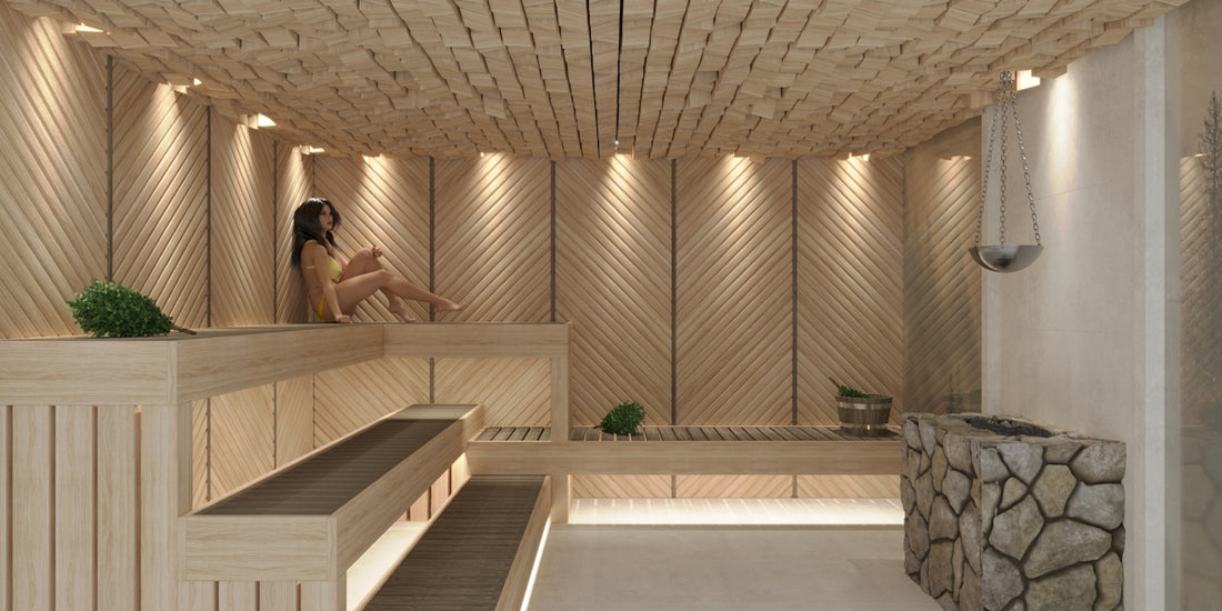 a woman sitting in a wooden sauna